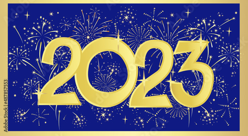  Vector New Year banner on a blue background with festive fireworks. Golden 2023.