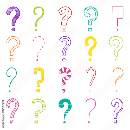 Hand drawn set of question marks doodle. Different interrogation signs in sketch style.  Vector illustration isolated on white background.