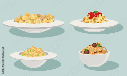 Set of delicious italian pasta on blue background. Vector cartoon illustration fragrant pasta with different fillings.