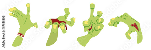 Vector illustration scary and creepy zombie hands on white background. Endings character for halloween in different poses in cartoon style.