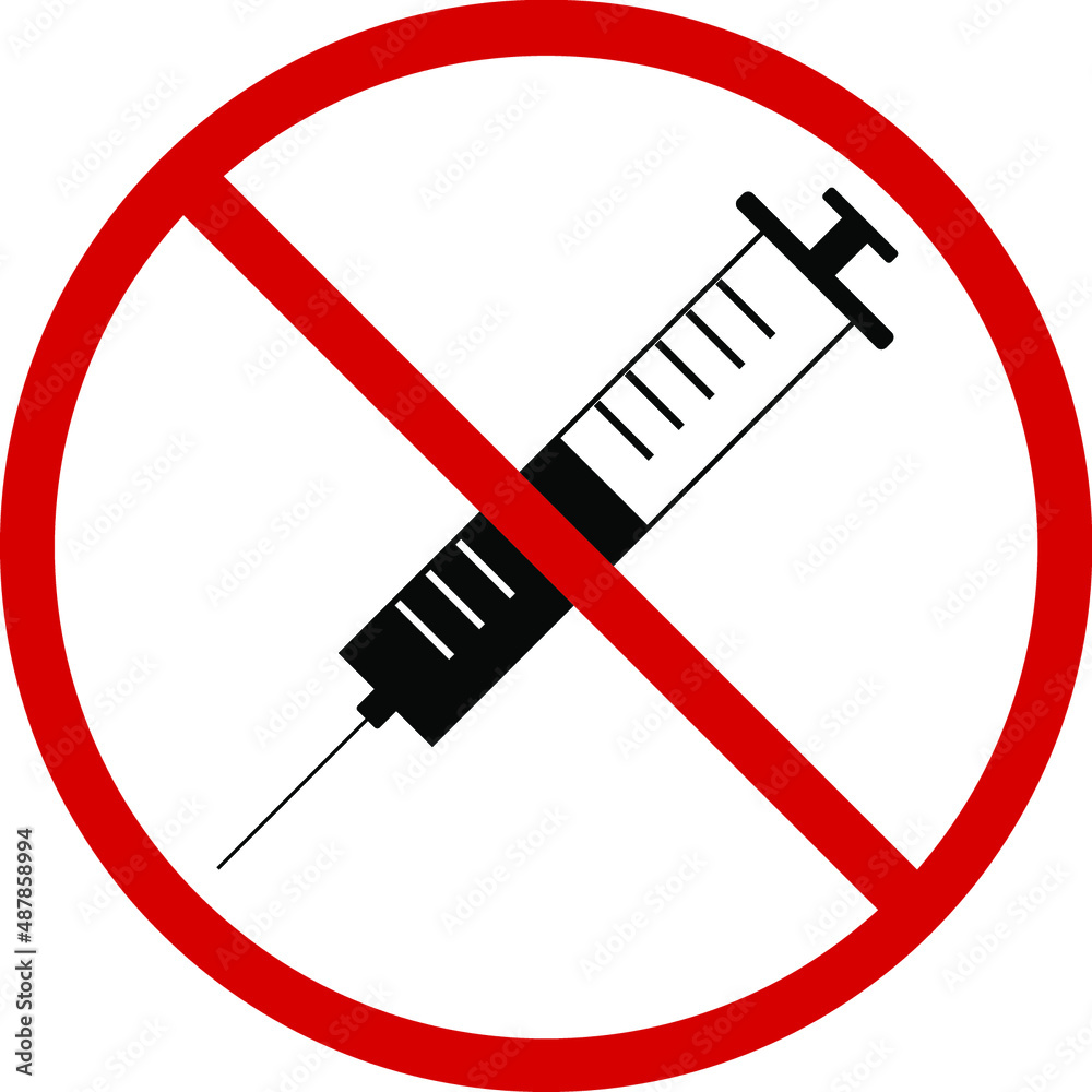 Prohibited and NO hypodermic needle or medical syringe red circle with ...