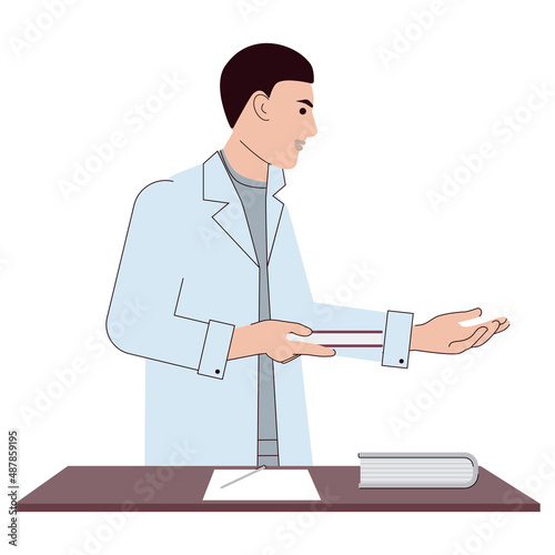 A young general practitioner consults with a patient. The doctor is talking to the patient. Flat vector illustration on white background. For print, web design.