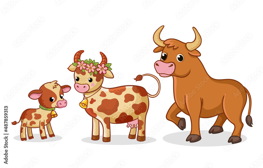 Family of cows with a calf. Vector illustration with farm animals in cartoon style. Family of cows with a calf. Vector illustration with farm animals in cartoon style.