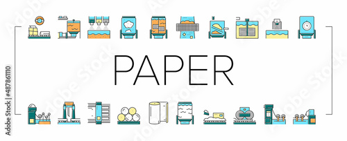 Paper Production Plant Collection Icons Set Vector .