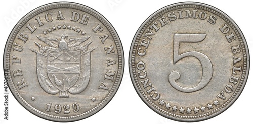 Panama Panamanian coin 5 five centesimos 1929, arms, shield with designs in front of crossed flags, birds with ribbon above, stars below denomination, photo
