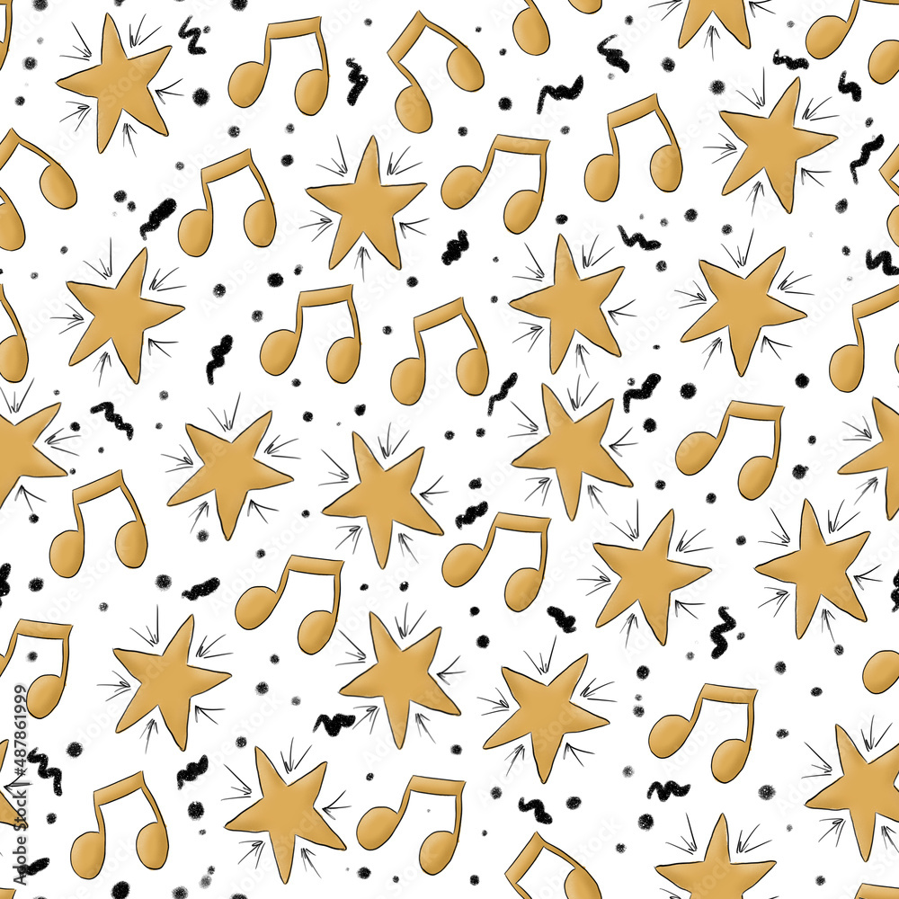 Seamless pattern with yellow stars, music notes and abstract lines on white background Seamless pattern with yellow stars, music notes and abstract lines on white background