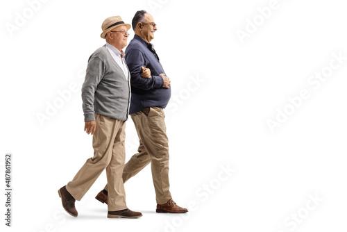 Full length profile shot of two elderly men walking together