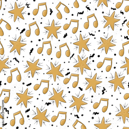 Seamless pattern with yellow stars  music notes and abstract lines on white background