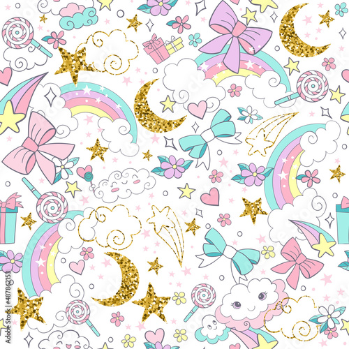 Seamless pattern with magic color and golden elements vector