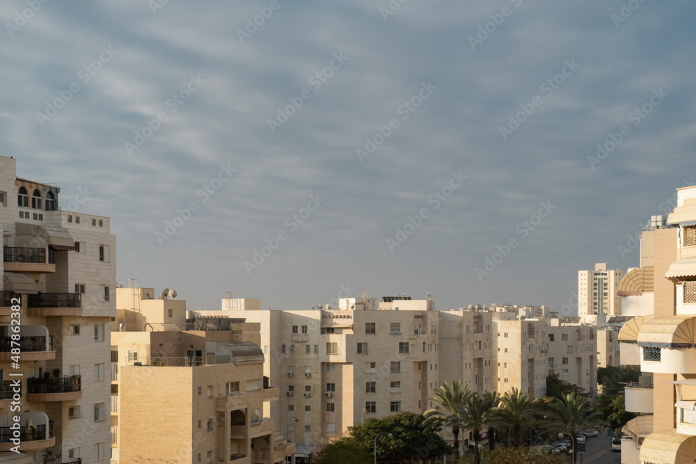 Morning sky in South City in Israel, Cityscape Panoramic view from the apartment window to the District in Beersheba.