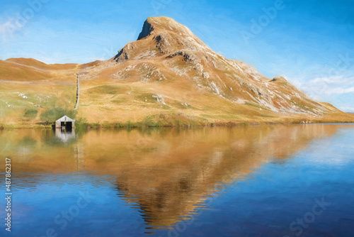 Digital painting of Pared y Cefn-hir mountain during autumn in the Snowdonia National Park, Dolgellau, Wales.