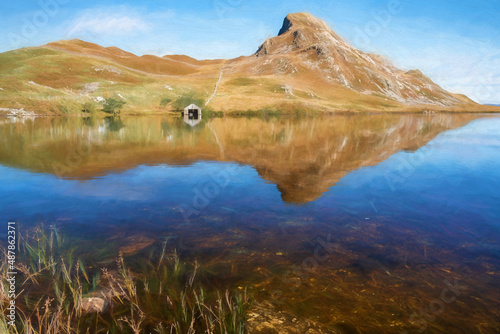 Digital painting of Pared y Cefn-hir mountain during autumn in the Snowdonia National Park, Dolgellau, Wales. photo