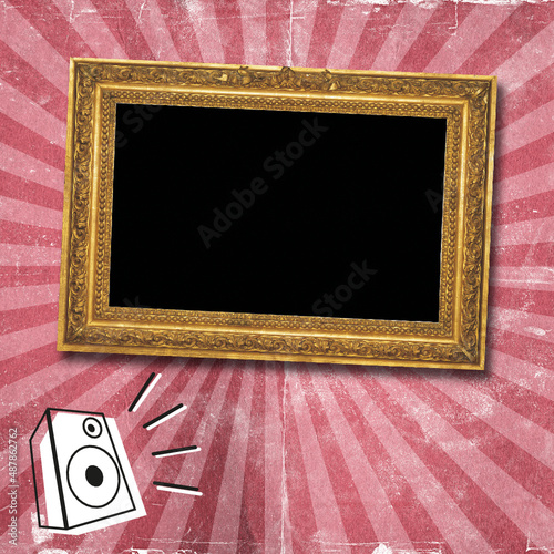 Antique gold frame and speaker box on a radiant vintage background, with copy space