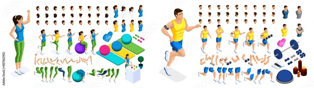 Fototapeta premium Isometric create your athlete girls and guys, a large set of emotions, gestures of hands, foot movements, a healthy lifestyle. Create your characters. Set 4