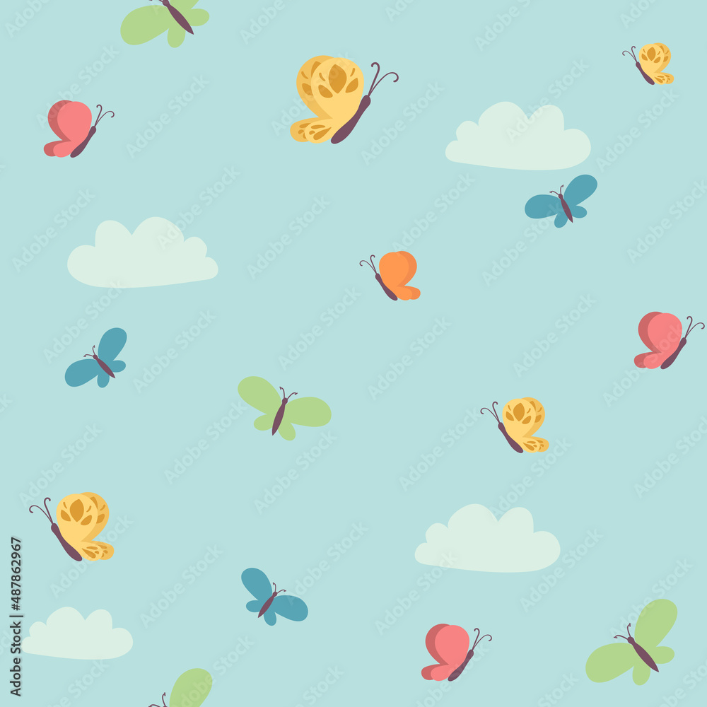 Seamless vector butterfly pattern. flying insect summer background. Colorful texture, wrapping paper, rustic wallpaper, nature backdrop textile. Wrapping paper, wallpaper, textile for children.