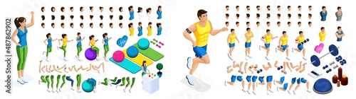Isometric create your athlete girls and guys, a large set of emotions, gestures of hands, foot movements, a healthy lifestyle. Create your characters. Set 4