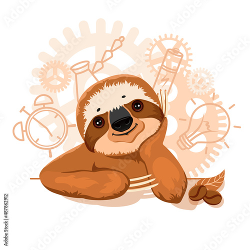 Happy Creative Sloth Vector Illustration. Brown color.