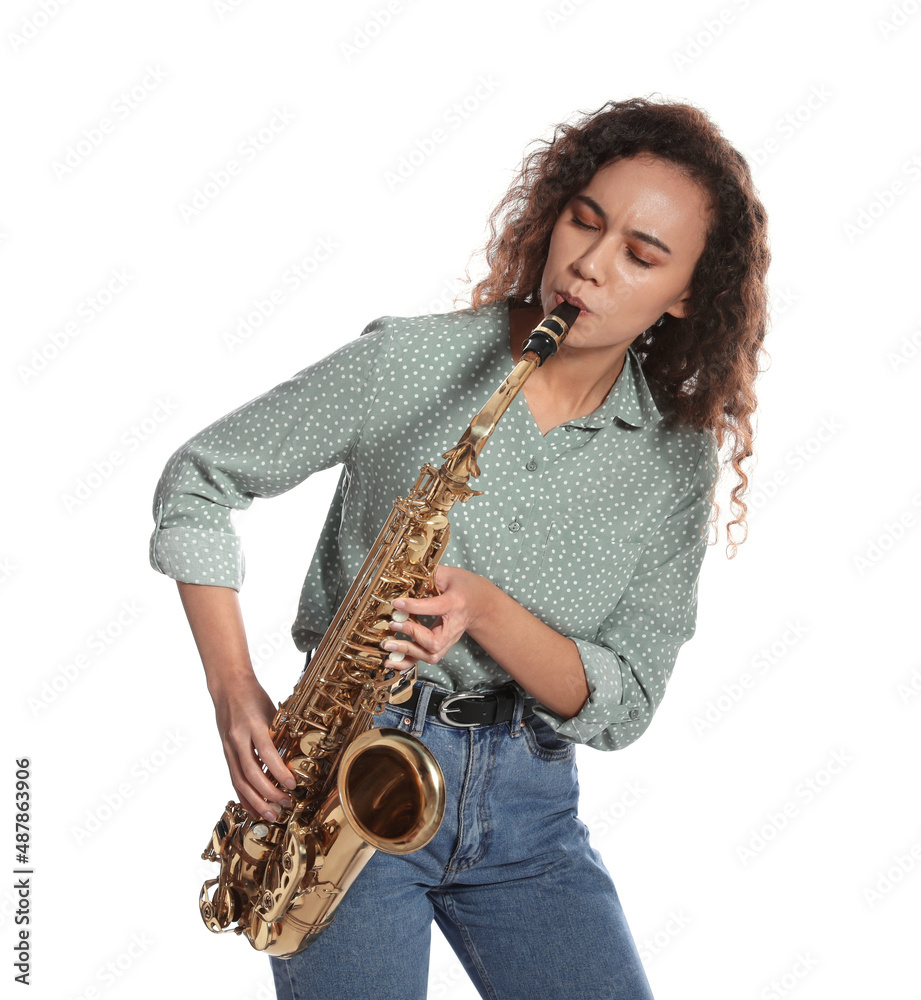 Fototapeta premium Beautiful African American woman playing saxophone on white background