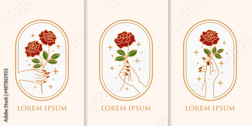 Hand drawn vintage hand holding rose flower feminine beauty aesthetic logo