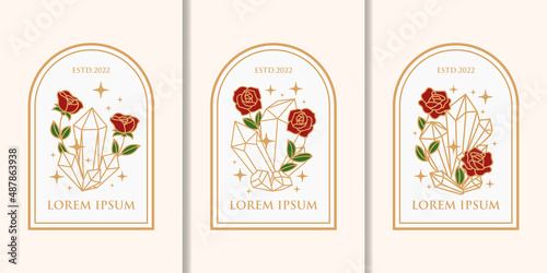 Vintage hand drawn rose flower and crystal feminine beauty logo