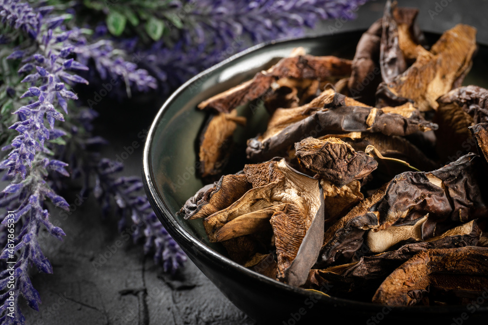 Dried wild porcini mushroom. Dried wild porcini mushroom.