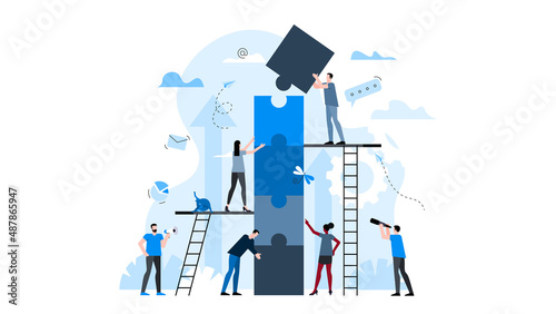 Office workers are building a tower of puzzles together. Animation ready duik friendly vector Illustration. Conceptual business story. Puzzle connection, teamwork abstract metaphor.