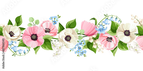 Horizontal seamless border with pink and white poppy flowers, blue bluebell and forget-me-not flowers, and white lily-of-the-valley flowers. Vector illustration