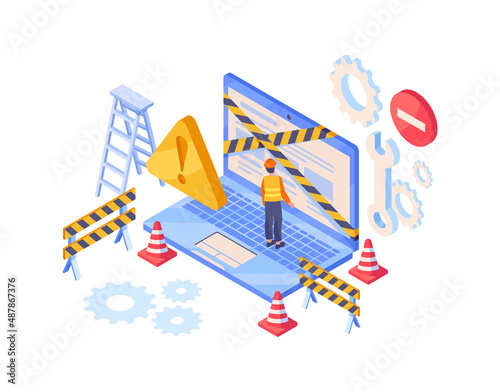 Concept of website maintenance. People in working uniform on laptop. Computer taped with tape. Modern technologies and digital world. Engineering works. Cartoon volumetric vector illustration