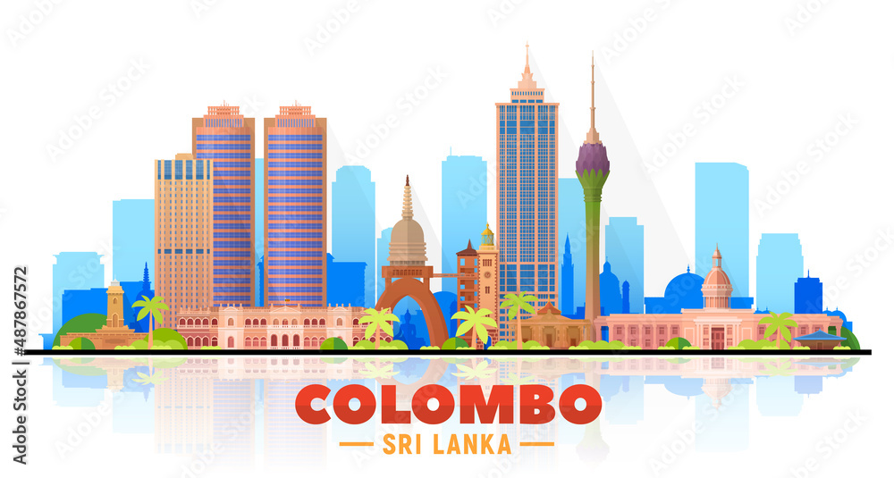 Colombo (Sri Lanka) skyline with panorama in white background. Vector Illustration. Business travel and tourism concept with modern buildings. Image for presentation, banner, placard, and website.
