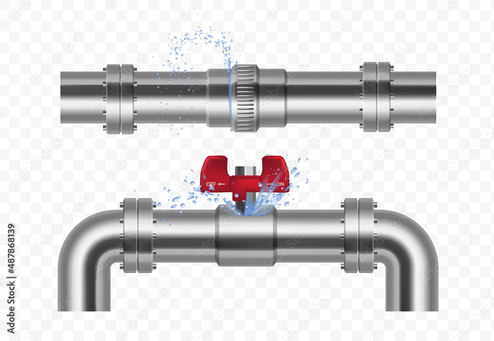 Plumbing, piping, realistic pipes.Leakage of water pipes. Broken steel