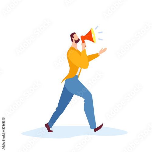 Business man shouting through loud speaker.business promotion, advertising, call through the horn. Man with megaphone. Flat style vector illustration cartoon.