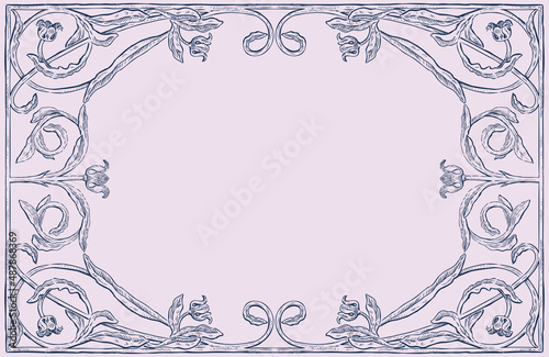 Ornate vector greeting card with drawn floral border from vintage tulips in art nouveau style #487868369