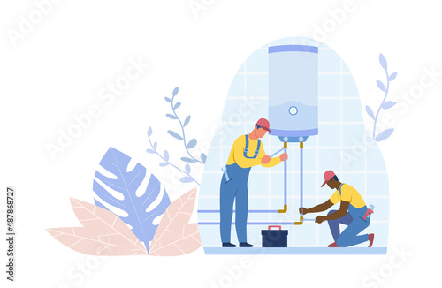 Water heater repair. Two men in masks and work suits fix plumbing problems. Employees and technical workers. Bath, boiler and good service. Iron pipes and spanners. Cartoon flat vector illustration