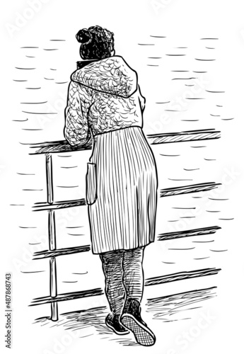 Sketch of young woman standing on river embankment and looking on water