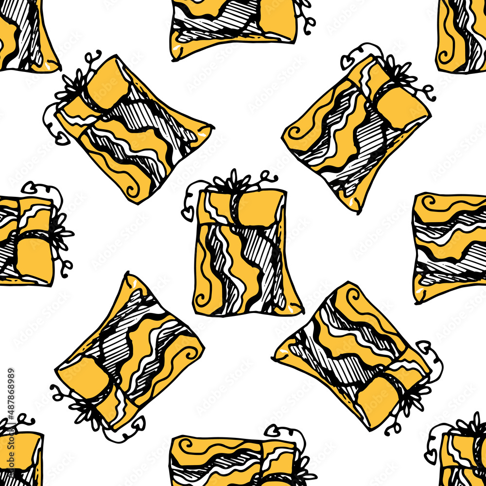 a pattern from a gift box in a yellow package with a pattern of wavy lines with a rope bow on top. the decorations are made in black. the color of the gift bag paper and a bow in the style of doodles 