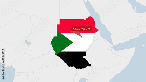 Sudan map highlighted in Sudan flag colors and pin of country capital Khartoum.