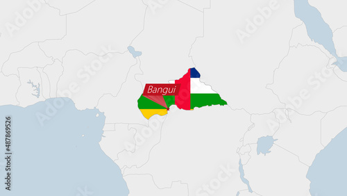 Central African Republic map highlighted in CAR flag colors and pin of country capital Bangui.