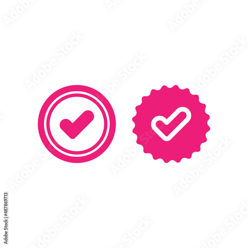 Valid Seal icons set. Pink circle with ribbon outline and tick. Flat OK sticker icon. Isolated on white. Accept button. Quality check mark.