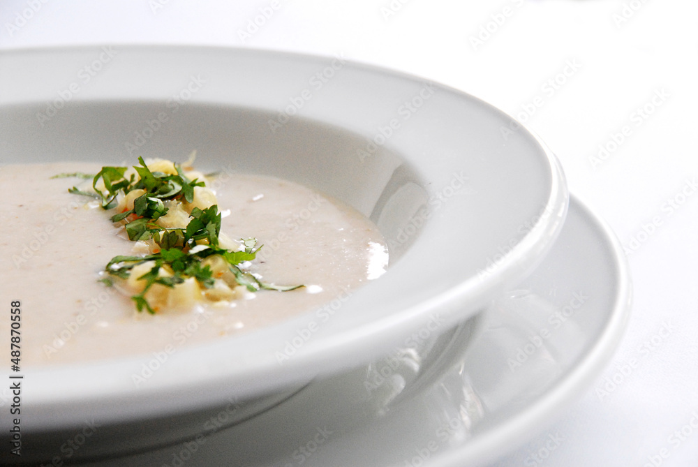 corn soup or cream with cilantro and corn kernels served in white plate on white background corn soup or cream with cilantro and corn kernels served in white plate on white background