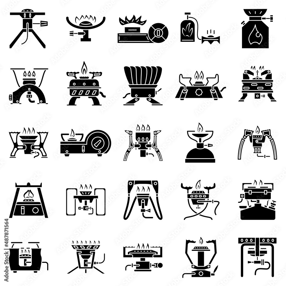 Naklejka premium Gas portable stove for tourists. Outdoor cooking appliance, camping, gas equipment. Gas stove design. Set of vector icons, glyph, isolated