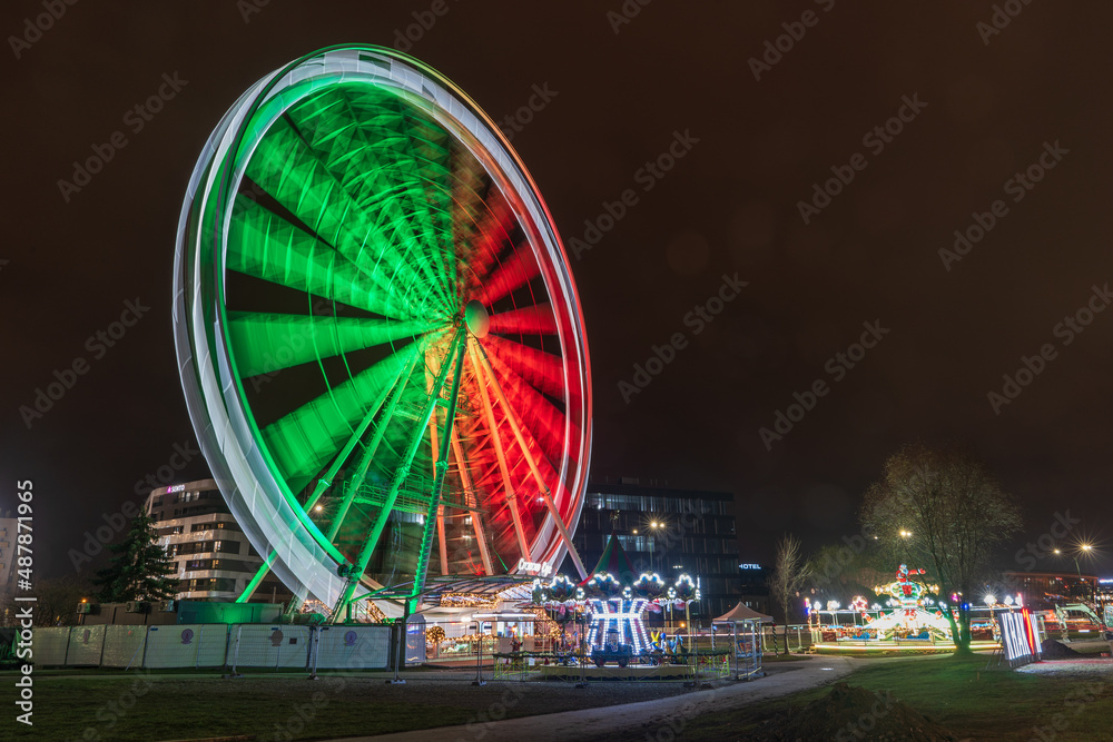 Krakow, Poland December 17, 2021; Viewing wheel over the Vistula River in the city of Krakow.