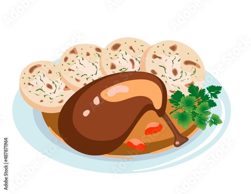 Vector isometric illustration of Czech dumplings served with roasted duck, isolated on white background