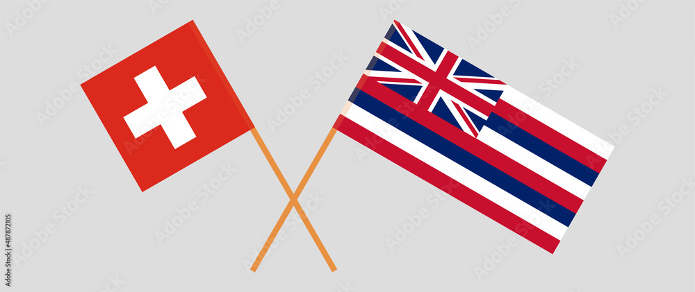Crossed flags of Switzerland and The State Of Hawaii. Official colors. Correct proportion