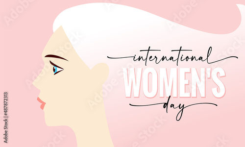 International women's day elegant lettering on pink background with beautiful woman. Greeting card for Happy Womens Day with elegant hand drawn calligraphy. Vector illustration