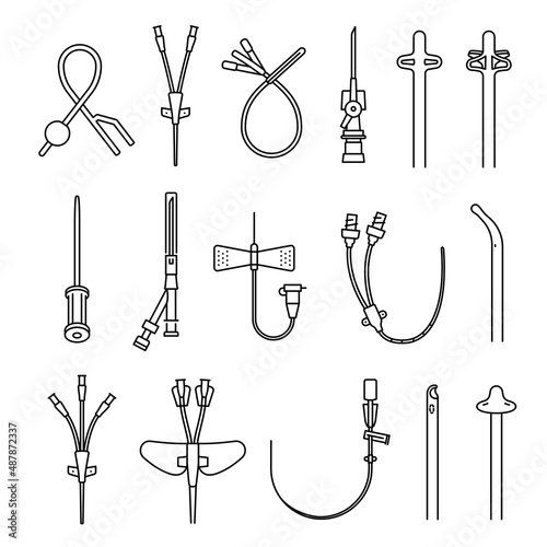 Collection monochrome simple catheter line icon vector medical needles for access to blood photo