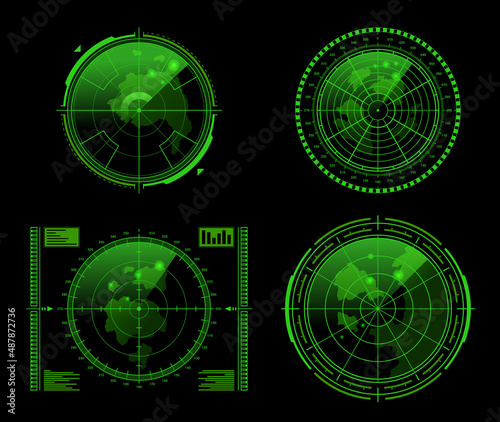 Fototapeta Naklejka Na Ścianę i Meble -  Collection realistic neon green radar screen vector illustration monitoring interface with map pin