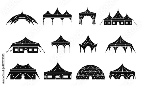 Collection monochrome tent different shape icon vector illustration pinned camping canvas domes