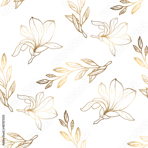 Seamless patterns. Luxurious golden magnolia and branches with foliage. Isolated on white background. The line art is thin. Delicate floral pattern, gold leaf. vector file.