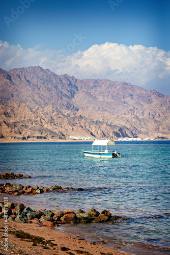 Dahab bay, Assala area, sea coast and mountains in Dahab, Sinai, Egypt photo