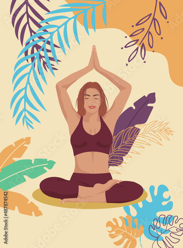 Young girl meditating in lotus position with tropic leafs on background in faceless style for posters, websites. Concept for yoga meditation healthy lifestyle relax and sports activities
